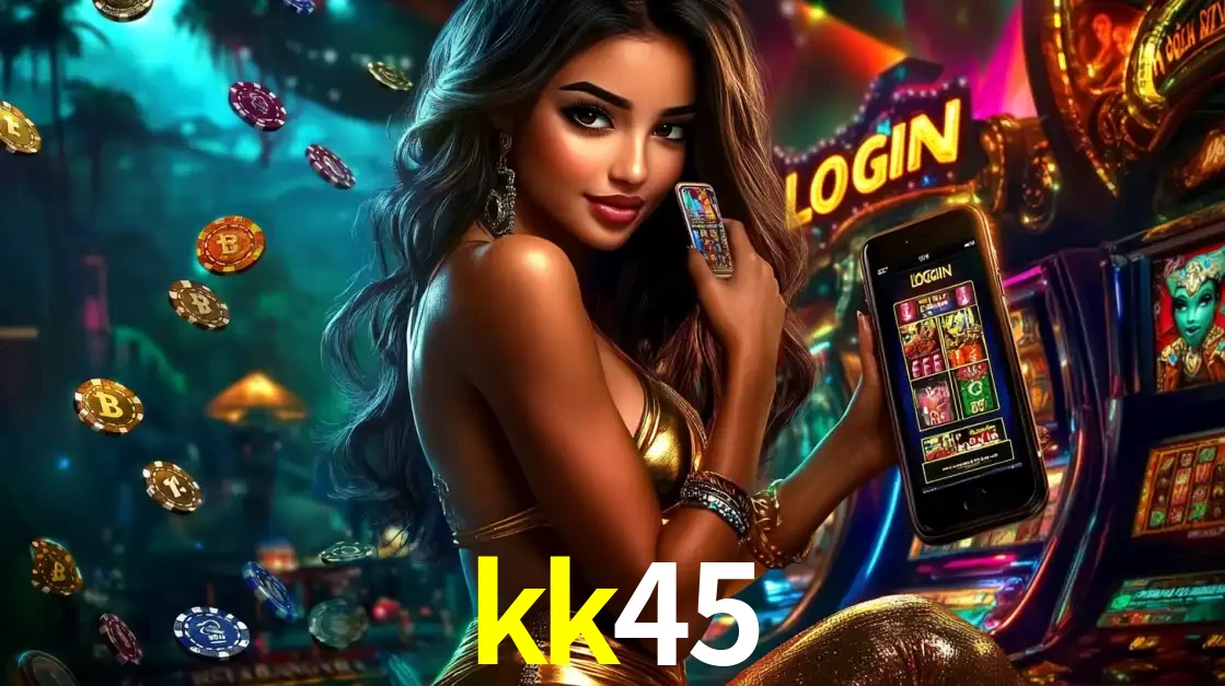 Mulher em um cenário de cassino temático de aventura, mostrando o app de caça-níqueis da kk45 no celular. Fichas de apostas flutuam ao redor.