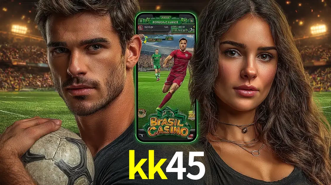 Homem segurando uma bola de futebol e uma mulher ao lado de um smartphone exibindo o jogo de apostas esportivas da kk45. Faça seu palpite no cassino online.